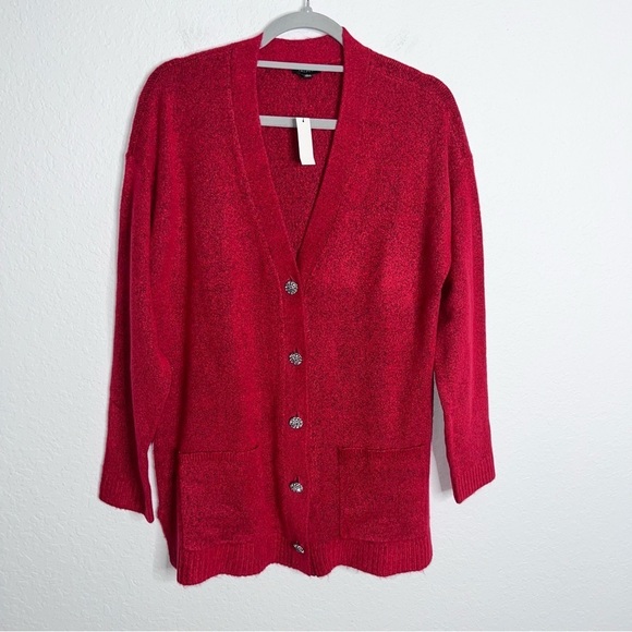 Talbots Cardigan Women Medium sweater Button Up V Neck Red Rhinestone Buttons B3 - Picture 1 of 8